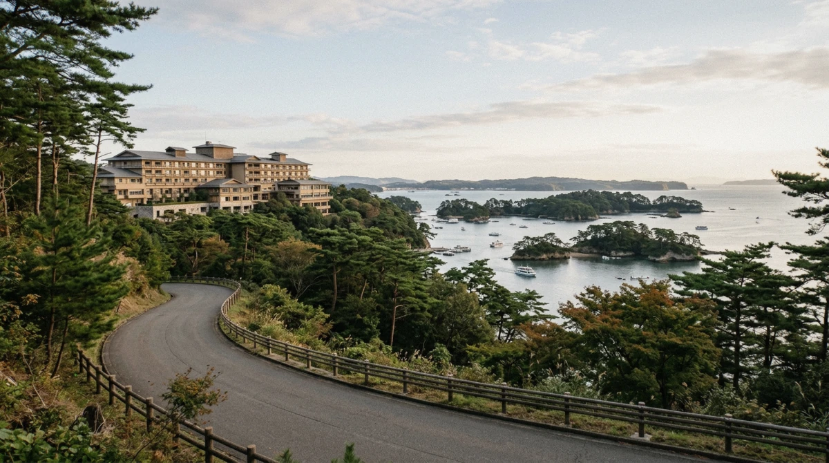 A hillside hotel above Matsushima Bay, a place to stay with a view of the islands. Illustrative image