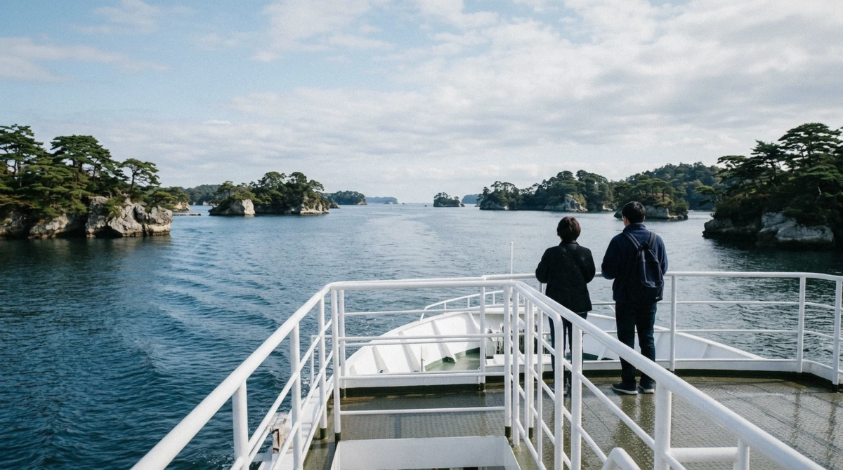 Pine-topped islets passing the upper deck on the bay cruise of a Matsushima day tour from Sendai