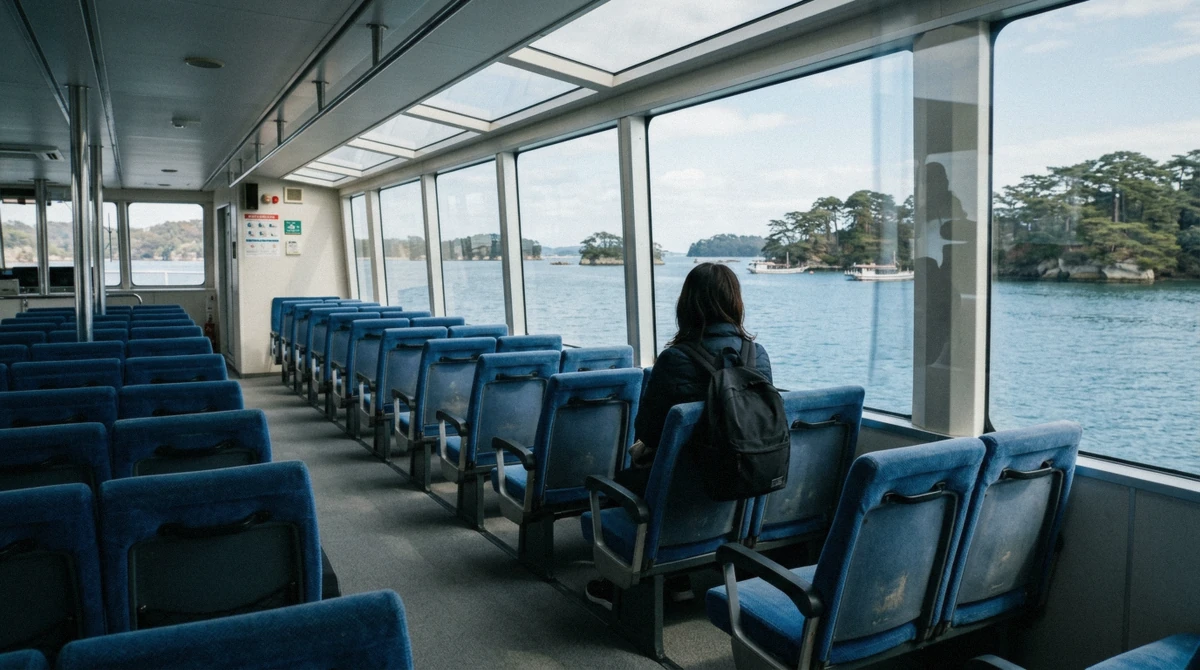 The upper-deck Green cabin of a Matsushima Bay cruise boat with islands outside