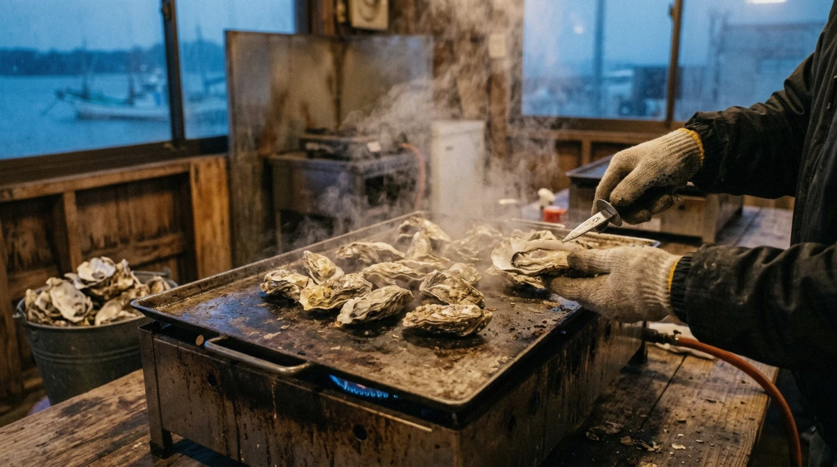 Oysters steaming on the grill in a winter oyster hut, the classic way to eat Matsushima oysters