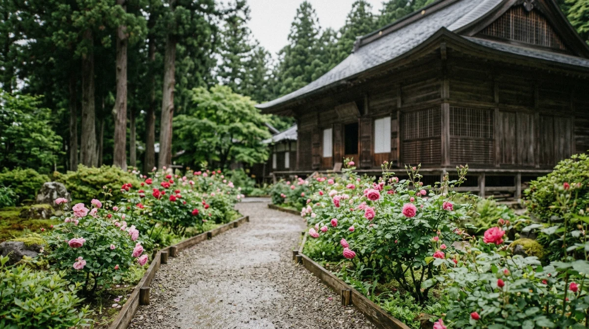 Roses in a temple garden, one of the things to do in Matsushima in early summer