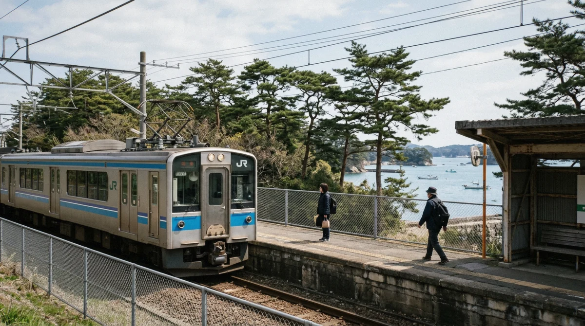 A Senseki Line local train at a seaside platform on the way from Tokyo to Matsushima