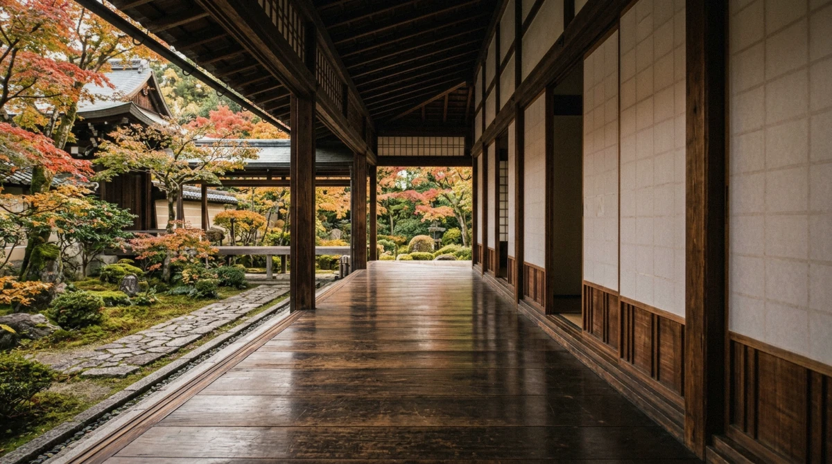 A polished wooden temple corridor like those of the main hall of Zuiganji Temple