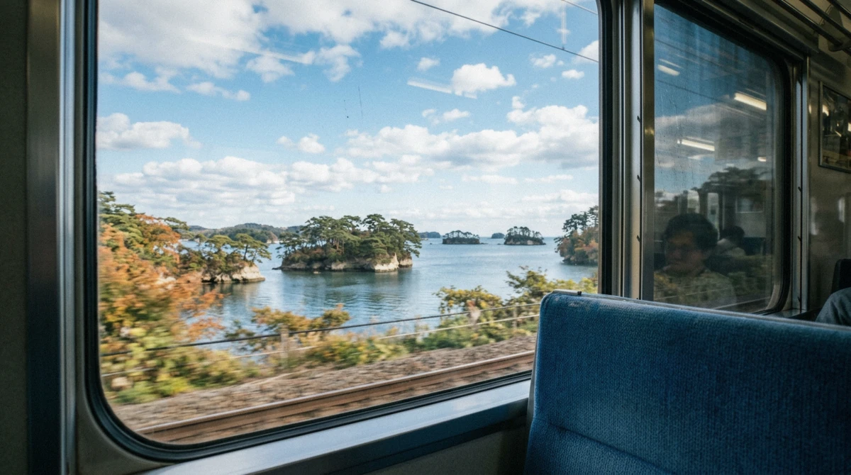 The bay and its islands from a train window on the last leg from Tokyo to Matsushima