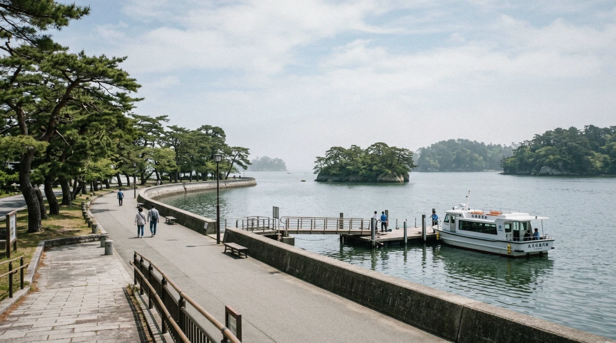The Matsushima waterfront promenade with a moored boat, free time on a Matsushima shore excursion