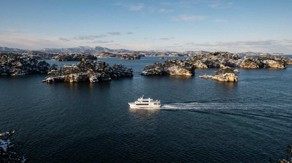 A sightseeing boat among snow-dusted islands on a winter Matsushima Bay cruise