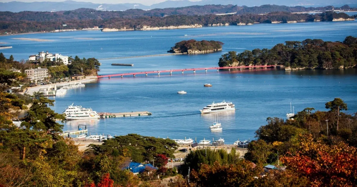 A sightseeing boat passing pine-topped islets on a Matsushima Bay tour from Sendai
