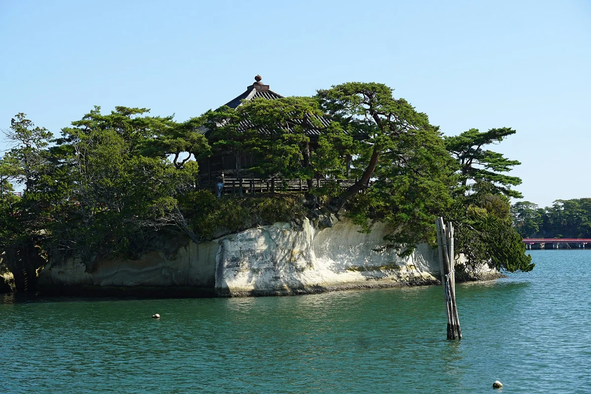 Godaido Hall on its pine-topped islet, a stop on the Matsushima Bay day tour from Sendai
