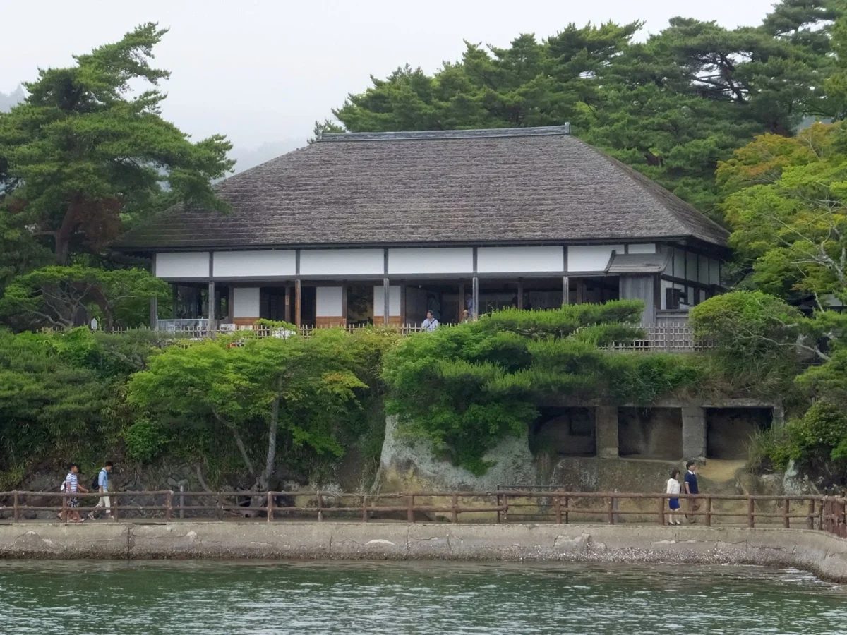 Kanrantei teahouse above the water in Matsushima, where several Matsushima Bay tours stop for matcha
