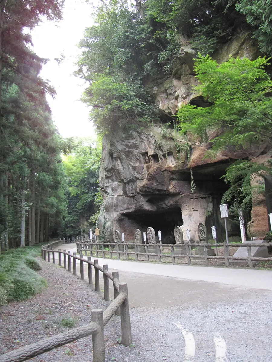 Caves cut into the rock along the approach to Zuiganji on a Matsushima tour from Tokyo